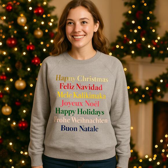Boden SZ M Merry Christmas In Several Languages Spell Out Gray Sweatshirt NWOT - Picture 1 of 6